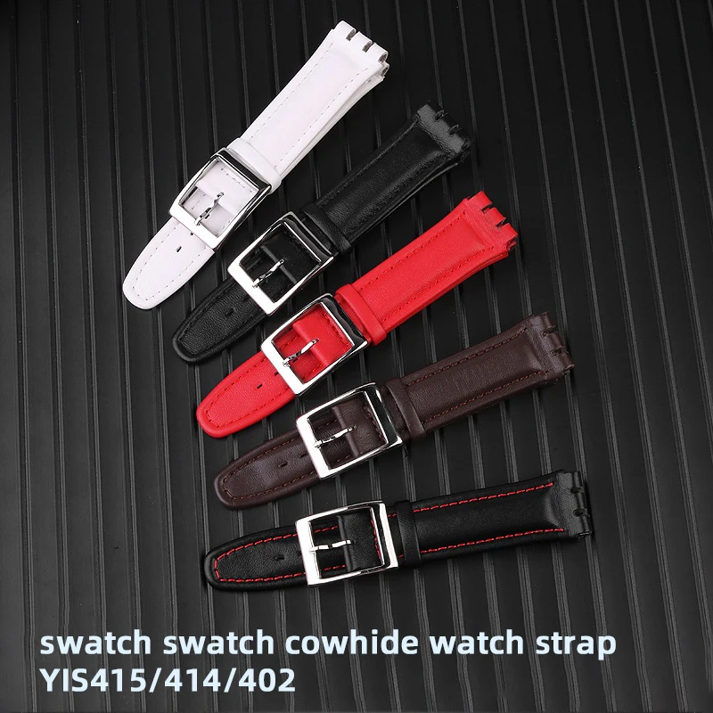 Plain leather strap for Swatch Men's and Women's Watch Band 17mm 19mm Red Black Pink Black Red Line Brown Watch Belt with tools