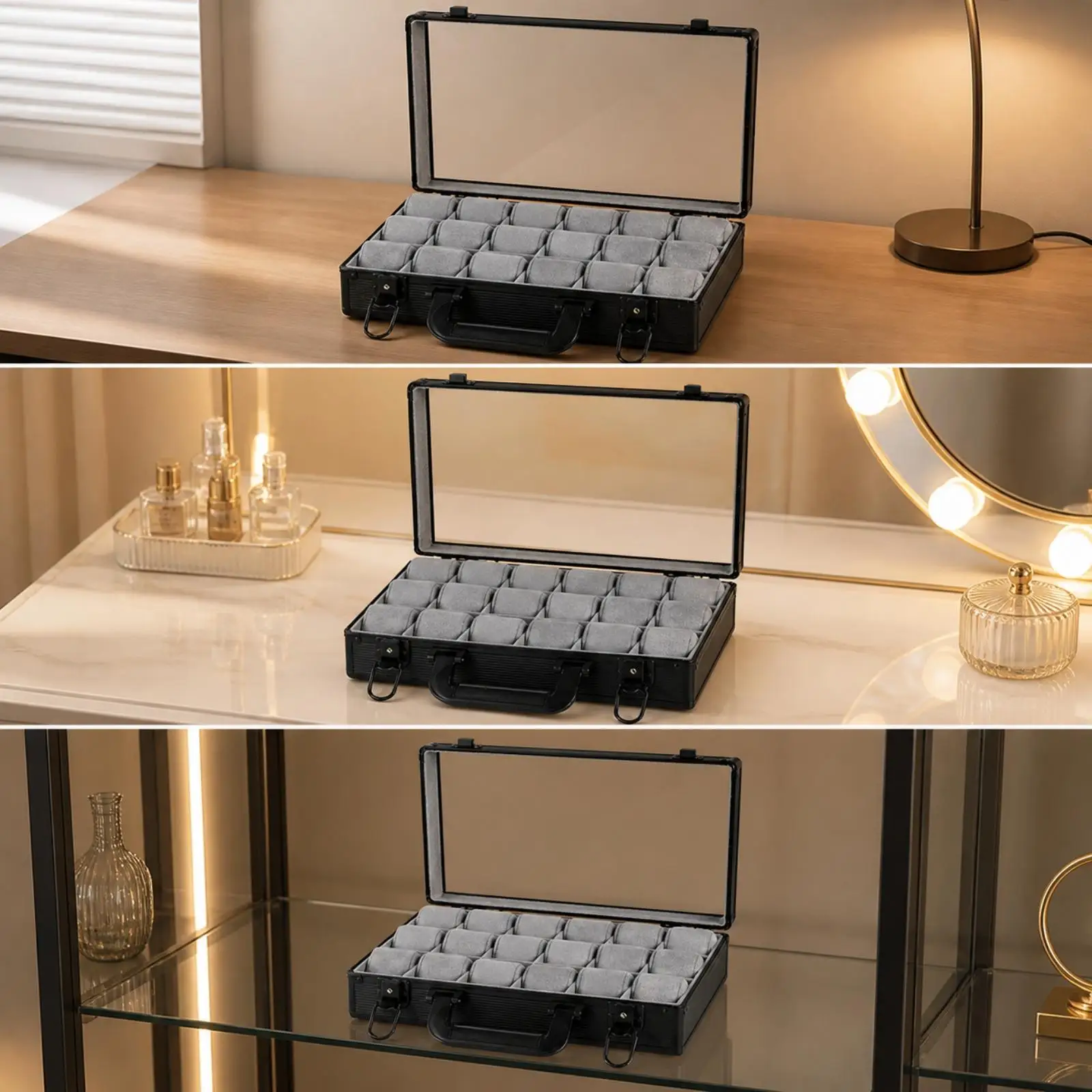 Aluminum 18-Slot Watch Organizer | Soft Suede-Like Lining, armored tough-exterior Construction, Watch Storage Case with Clear