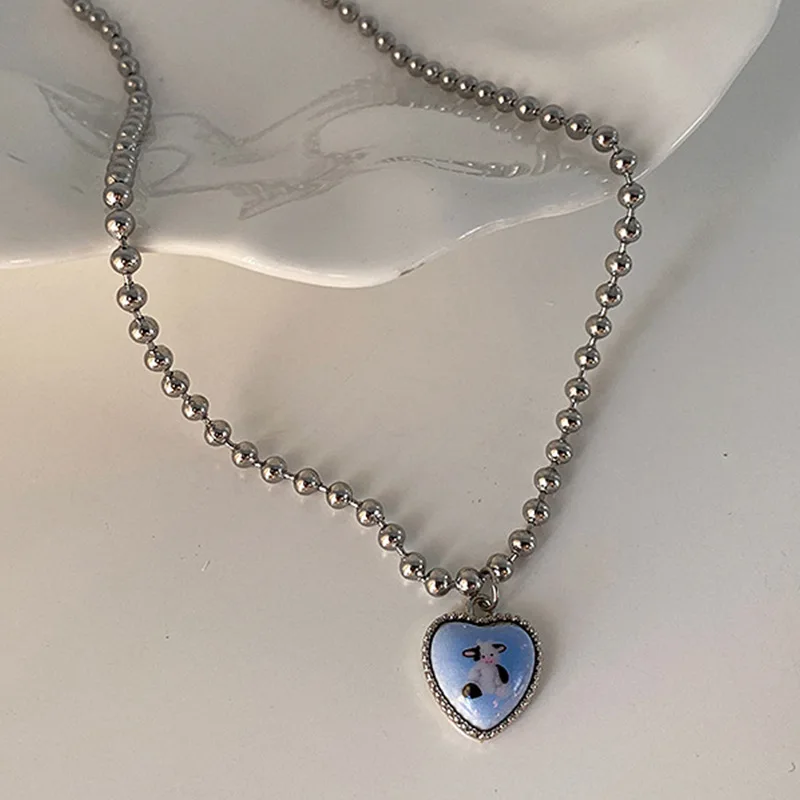 Goth Egirl Aesthetic Cute Heart Shape Cow Rabbit Pendant Necklaces Choker Collar Chains Grunge Collar Indie Collier  Y2K Jewelry