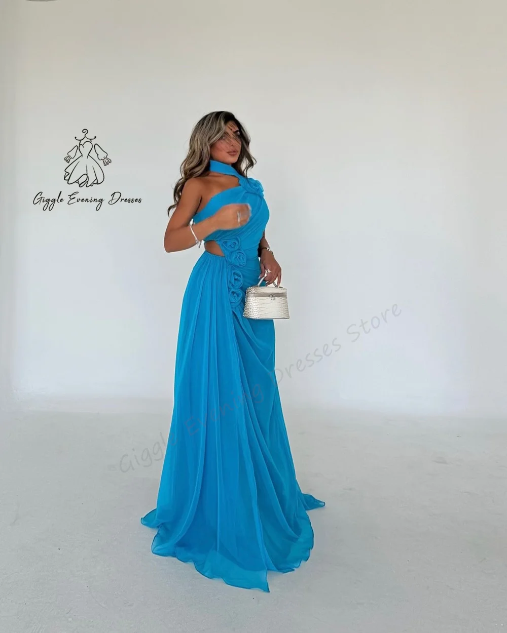 Giggle Evening Dresses Halter Chiffon Loose Ruched A-Line Flower elegant Fashion Formal Saudi evening gala dress for women 2024