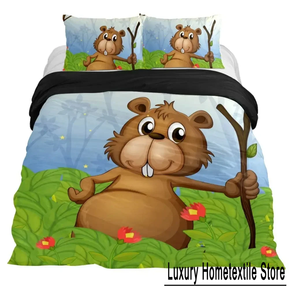 Cartoon Beaver Duvet Cover King Queen Funny Lovely Animal Bedding Set Boys Girls Wildlife Polyester Comforter Cover Pillowcase