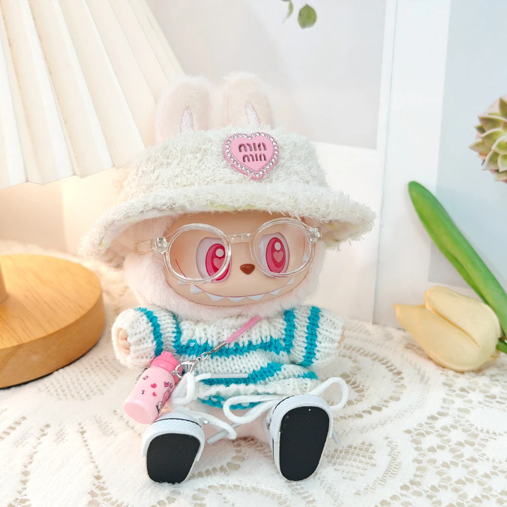 

For Labubu Pendant Clothes Set Party Clothes Sitting Doll Decoration Clothes and Accessories Blue Sweaters Hats Shoes Camera