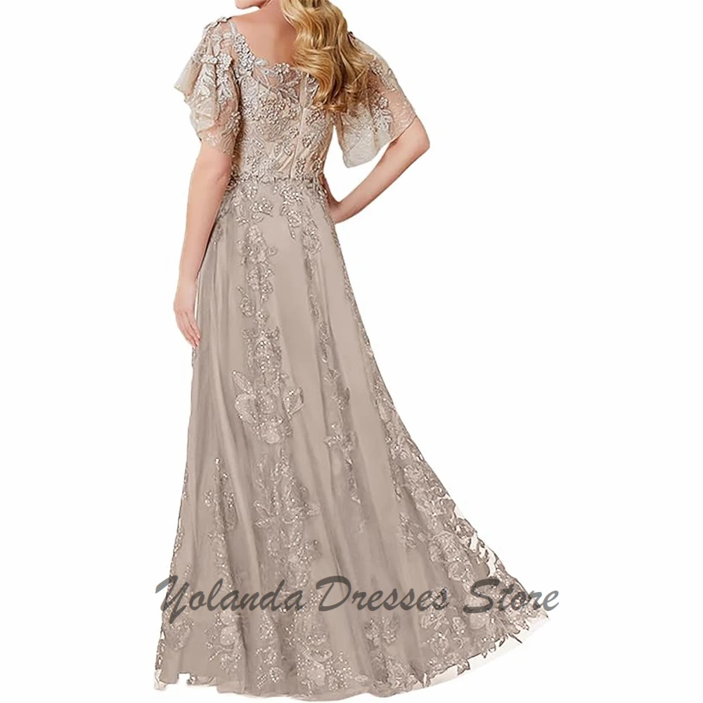 Elegante barco pescoço mãe da noiva vestidos applique renda lantejoulas formal vestido de noite até o chão zíper voltar mangas curtas