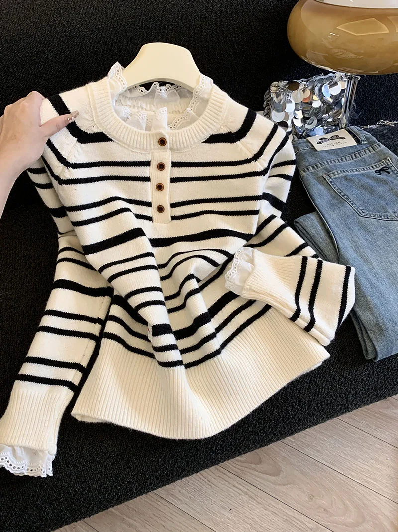 

Autumn New Lace Splicing Round Neck Knitwear for Women Retro Contrast Color Striped Long Sleeve Sweater Lady Casual Pullover Top