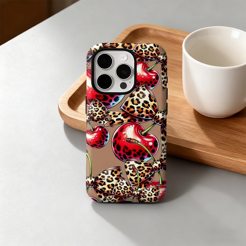 

Fashion Leopard Cherry Chic Phone Case for iPhone 17 16 15 14 13 12 11 Pro Max Air Plus Luxury Double-layer Back Cover
