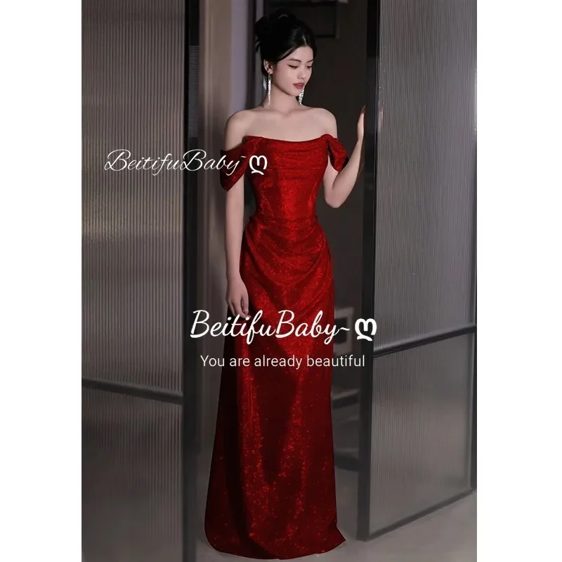 BeitifuBaby Fashion Women\'s Evening Dresses 2024 Wedding Party Elegant Off The Shoulder Banquet Gown Mermaid Ruched Formal Dress