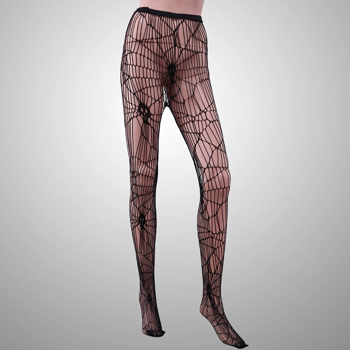 

Halloween Style Skull Design Stretchy Tights High Waist Net Pantyhose Large Hole Mesh - Free Size (Black