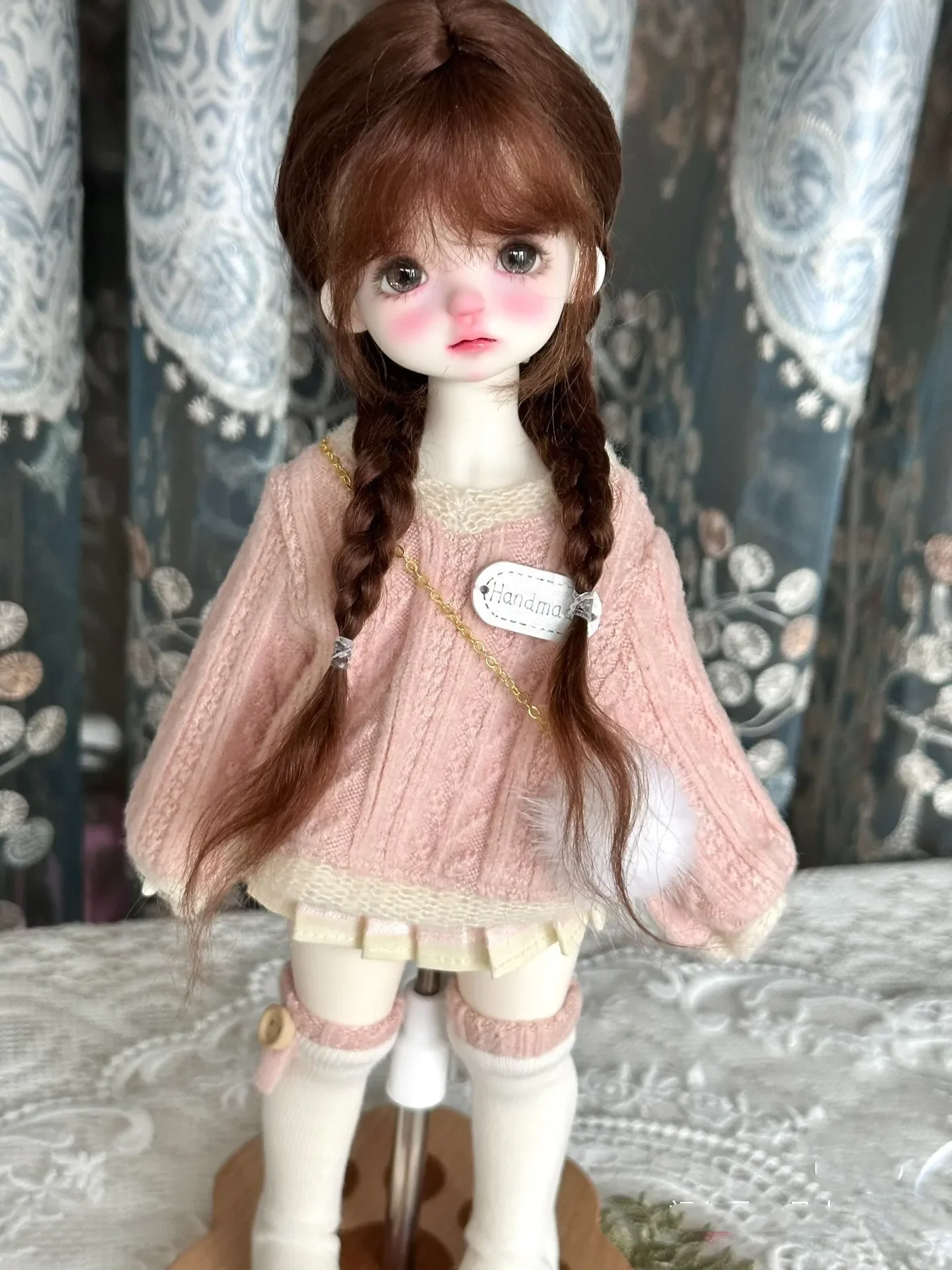 

Hair for doll 1/6 bjd mohair brown wig double braid hard head shell doll hair