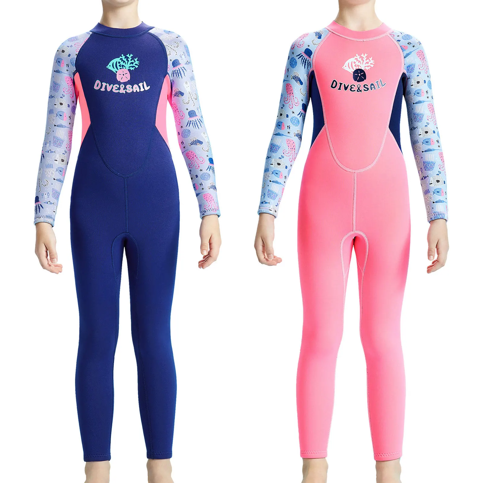 Kids Boys Girls Swim Jumpsuit 2.5mm Neoprene Wetsuit Rash Guard Swimsuit Crew Neck Long Sleeve Zipper Back Cute Printed Bodysuit