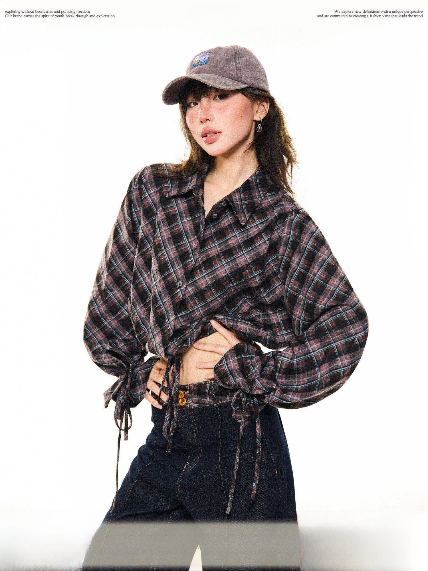 

Young Stage American Sle Hot Girl Plaid Long Sve irt Women Early Autumn Design Sensation Color Colion ort Top