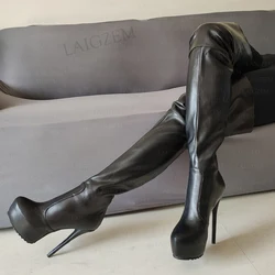 LAIGZEM stivali alti alla coscia da donna piattaforma stivali con tacco alto sottile in ecopelle Zip posteriore sopra le scarpe al ginocchio donna taglia grande 43 45 52