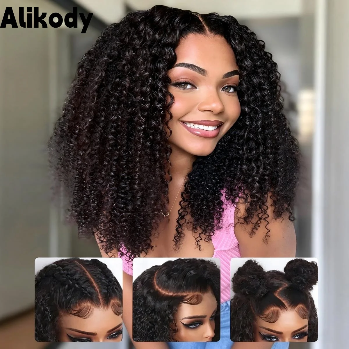5x5 Deep Curly Lace Front Wig Human Hair HD Transparent Lace, 200% Density Glueless Deep Curly Wigs for Black Women, Natural Black, Can Make Buns & Ponytail