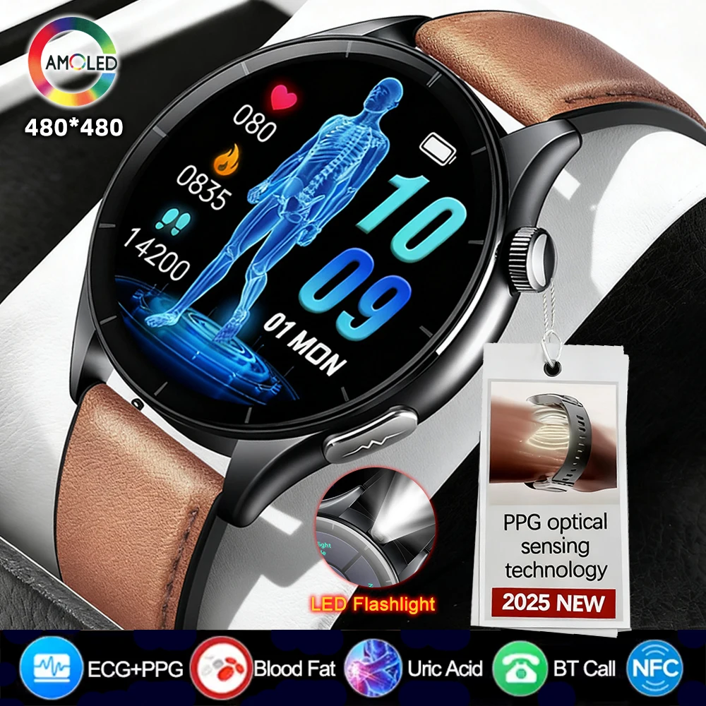 2025 New NFC+ECG+PPG Health Smart Watch BMI Fat Heart Rate Blood Pressure Watch 380mAh BT Call IP68 Waterproof Sports Bracelet