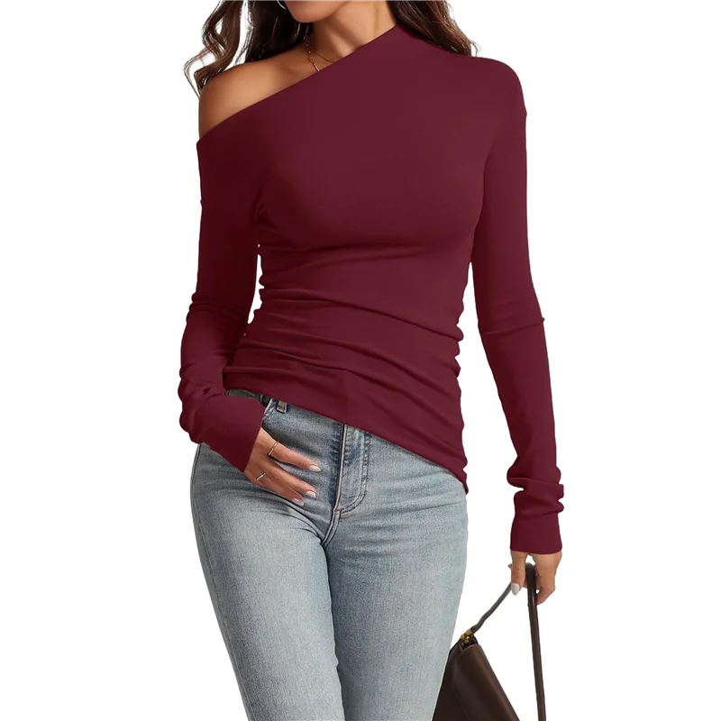 

НОВИНКА-женские топы с открытыми плечами, нарядные асимметричные облегающие блузки с длинными рукавами, осенняя блузка на выход, рубашки с рюшами