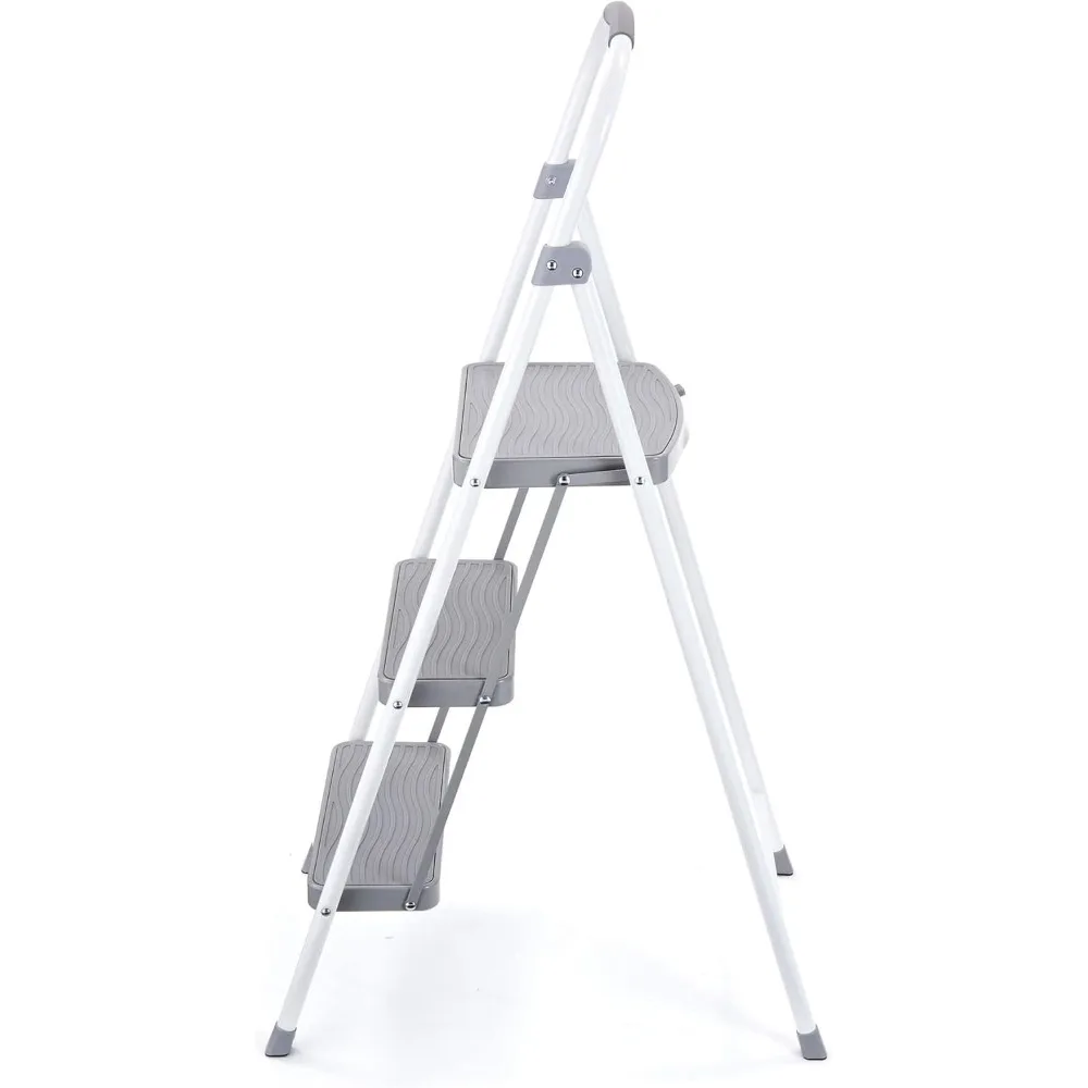3-traps vouwladder, stalen opvouwbare opstapkruk met handgreep, wit