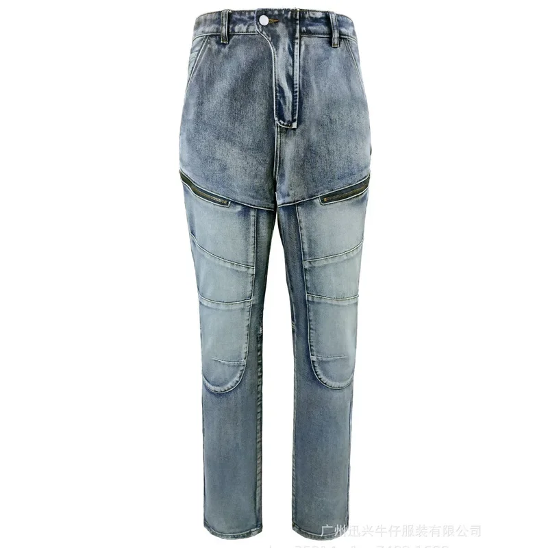 

Autumn Winter 2025 New Men Long Pant Denim Pants Zipper Straight Trousers Pockets Splice Slim Fit Hole High Waist Casual Jeans
