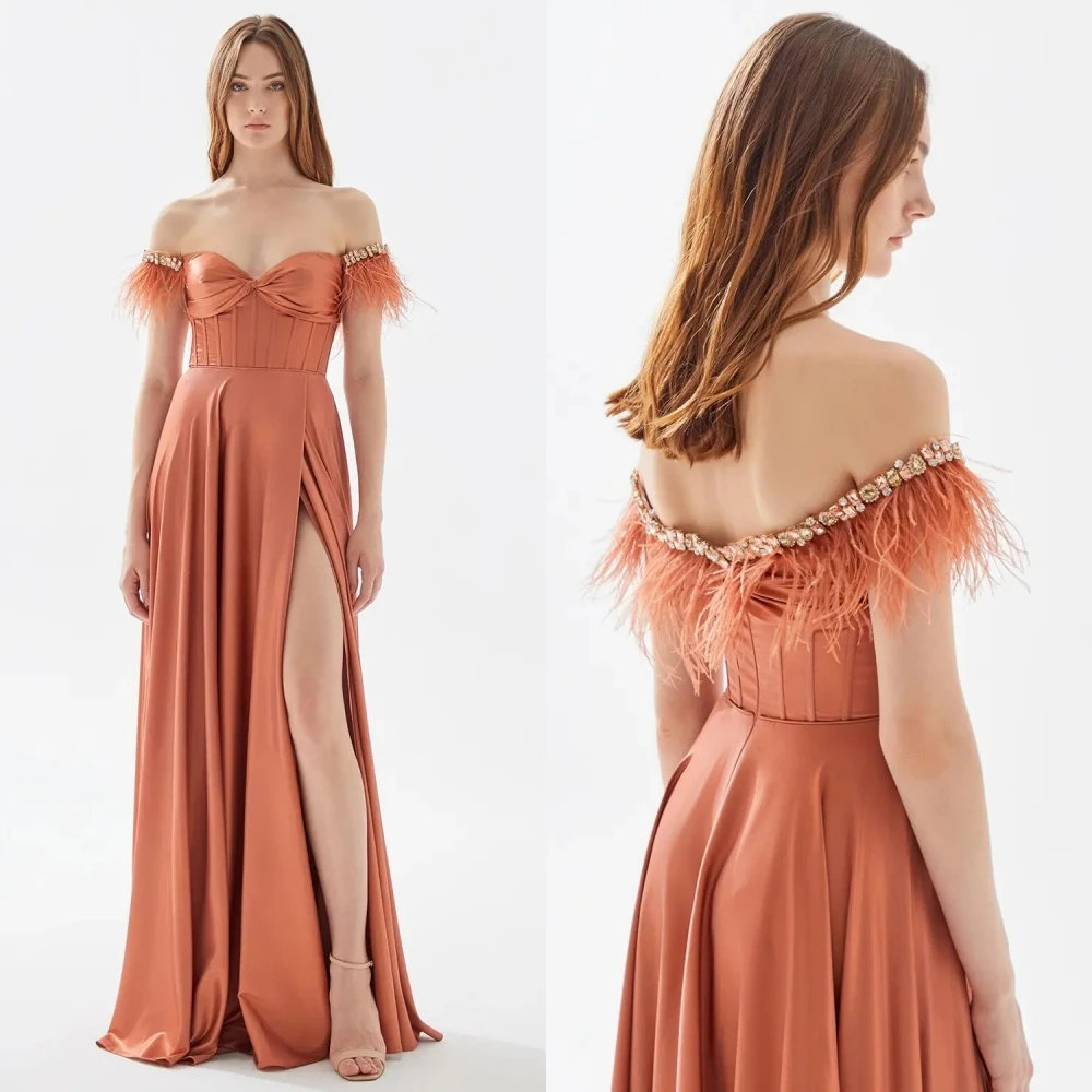

Feather Retro Elegant Off-the-shoulder A-line Draped Formal Occasion Gown Evening Dresses Woman فستان سهرة