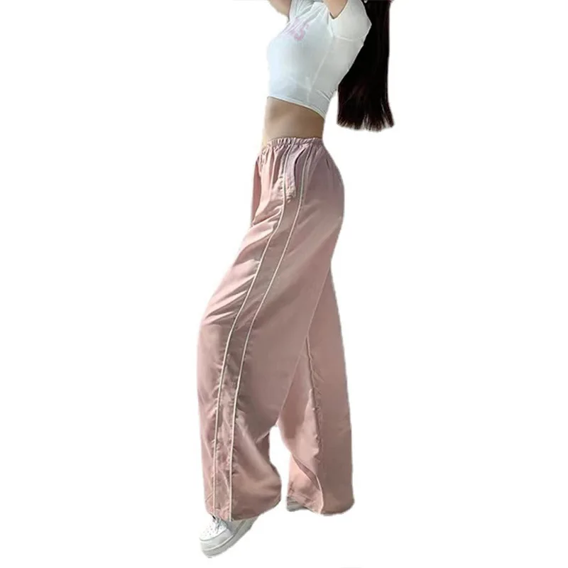 Pantalones para correr de pierna ancha para mujer, pantalones casuales con rayas laterales, cintura alta, cintura elástica, pantalones rectos,