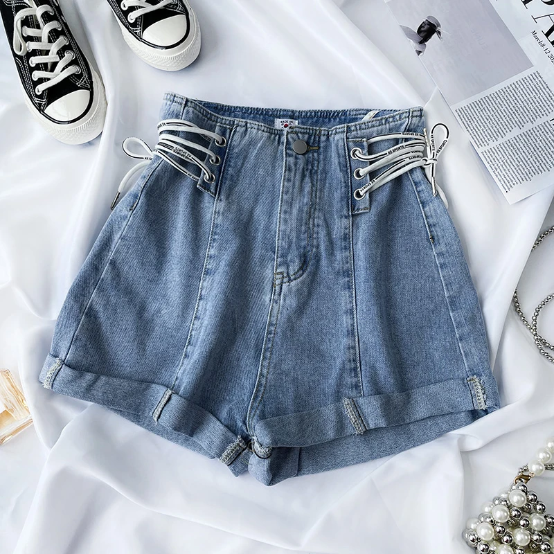 Women's New High Waist Denim Shorts Summer Tie-up Design Strap A-line Wide Leg Pants Loose Slimming Curly Edge Cowboy Pants