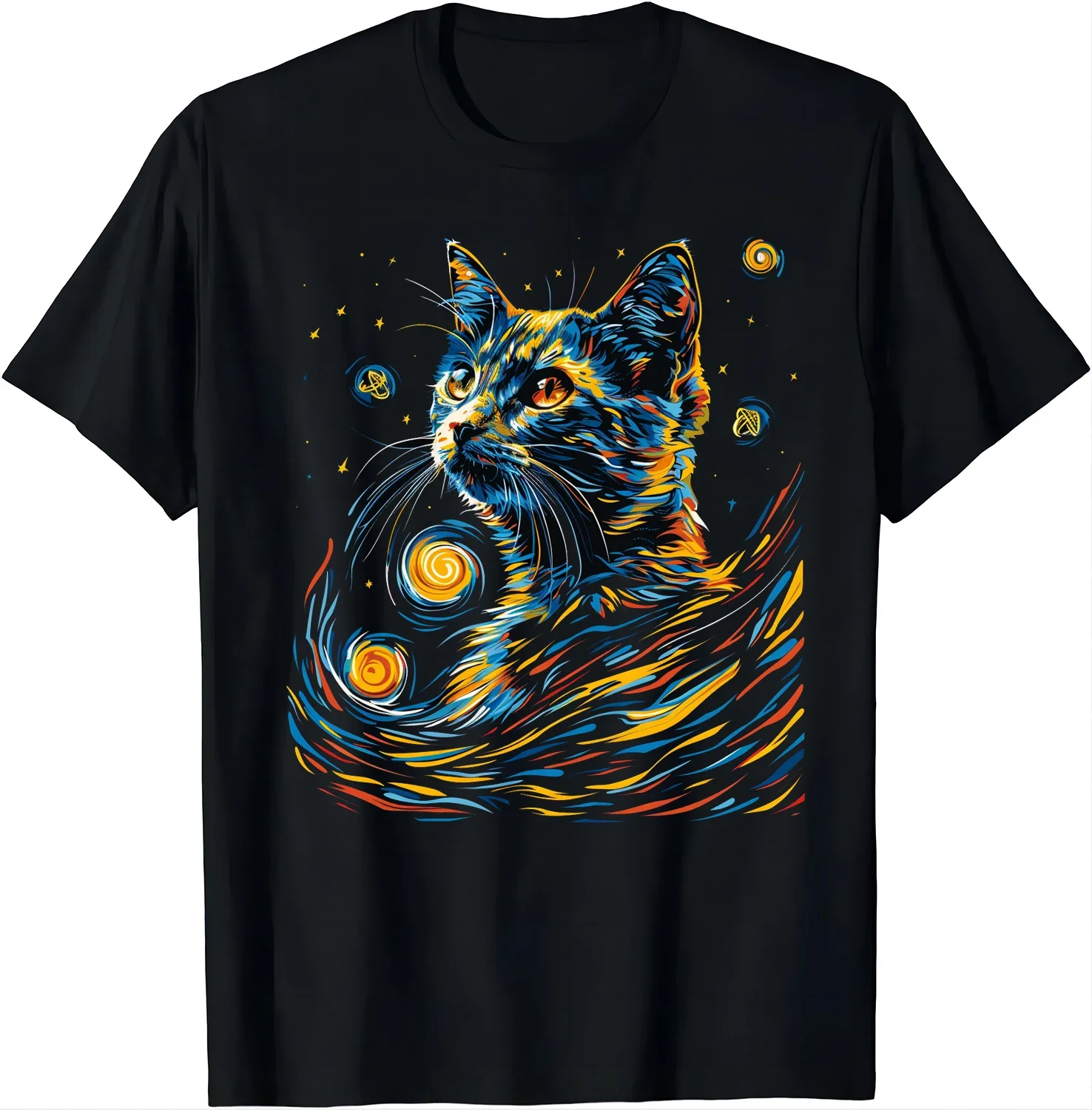 Van Gogh-esque Galaxy Cat Tee - Starry Night Fusion Shirts  Men Clothing Tops Graphic T Shirts Camisas Streetwear