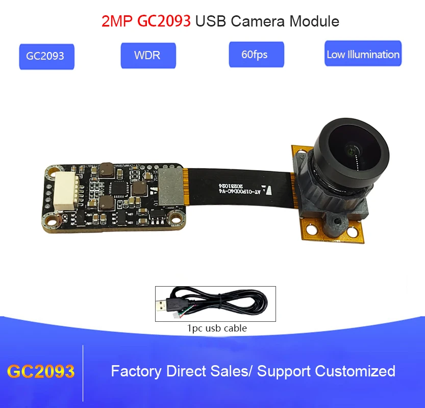 2MP 1080P GC2093 USB Camera Module Low Illuminance H264 WDR USB2.0 Free Drive F2.8 H264/H265/1080P/YUV/MJPG/UVC Webcam Board