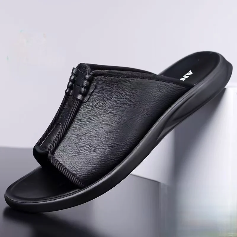 Men Summer New Real Leather One Word Outdoor Slippers Soft sole Non Slip Anti Odor High Quality Flat Sole Beach Slippers Sandals