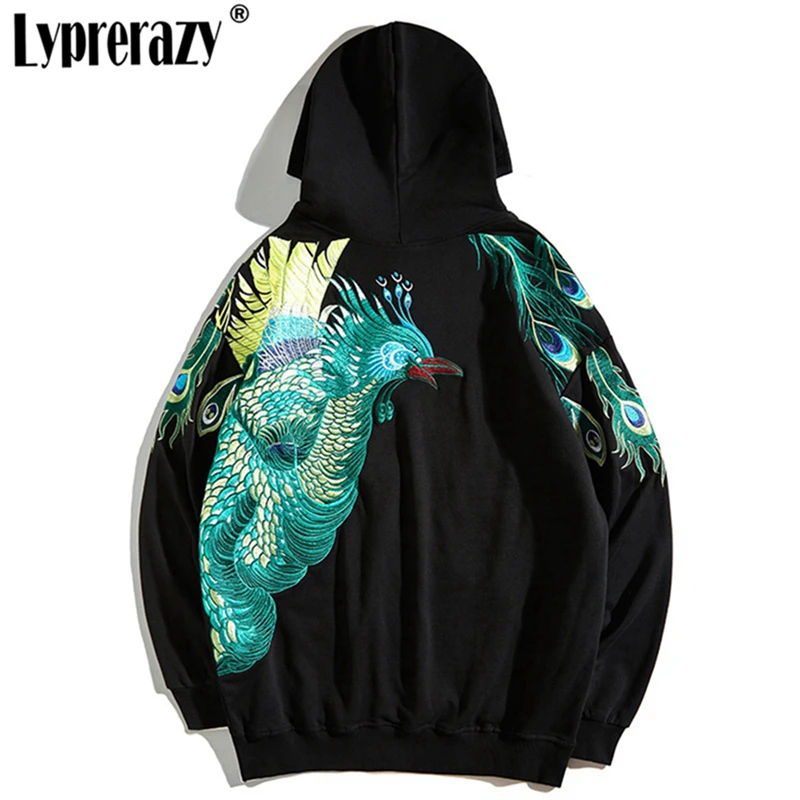 Lyprerazy 2022 New Autumn Winter Chinese Style Hoodie Sweatshirts Hip Hop Casual Peacock Embroidery Loose Couple\'s Pullover