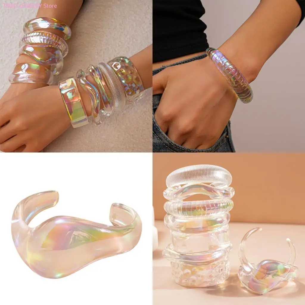 62KE Stylish Acrylic Geometric Bracelet Color Shifting Effect Comfortable Wear Wristband for Fashion Enthusiasts