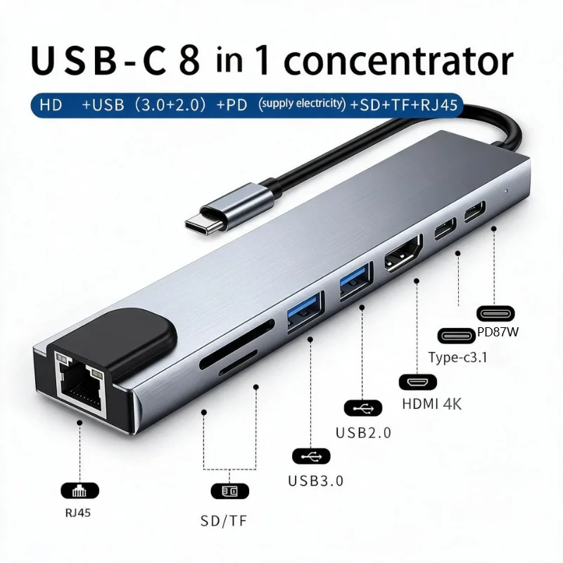 Type C 3.1 to 4K HDMI Adapter – 8In1 USB C Hub with RJ45 SD/TF Card Reader PD Fast Charge for MacBook Notebook Laptop