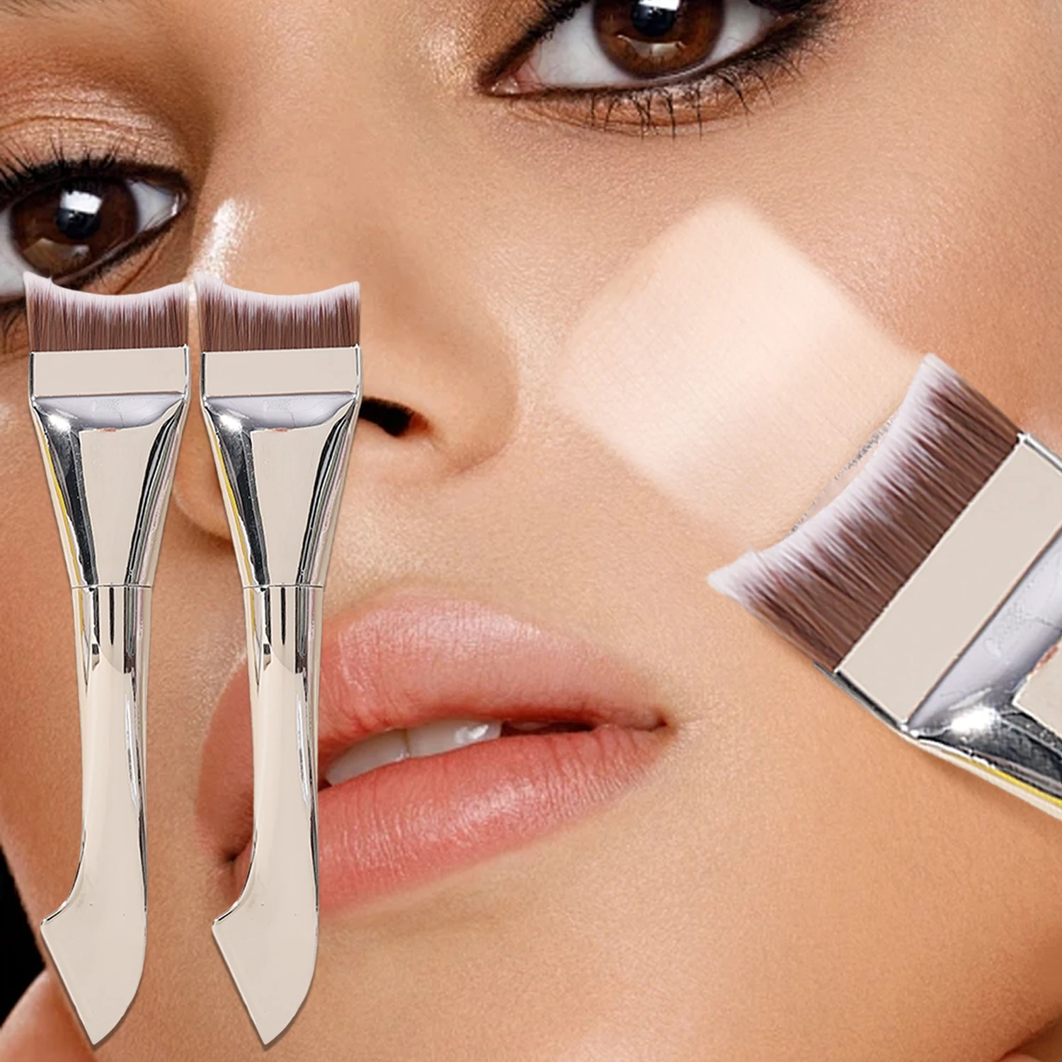 Nuovi pennelli per contorno viso Pennello per maschera per fondotinta a testa piatta curvo a sirena a doppia testa Pennelli per trucco crema per fondotinta ultra sottile
