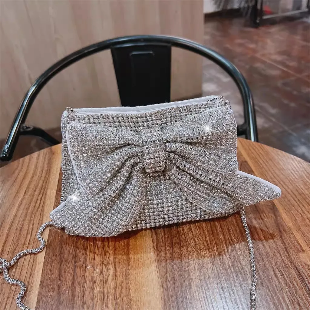 Luxury Glitter Bow Knot Square Bag Women Handbag Crystal Rhinestones Diamond Evening Bag Wedding Party Clutch Purse Shoulder Bag