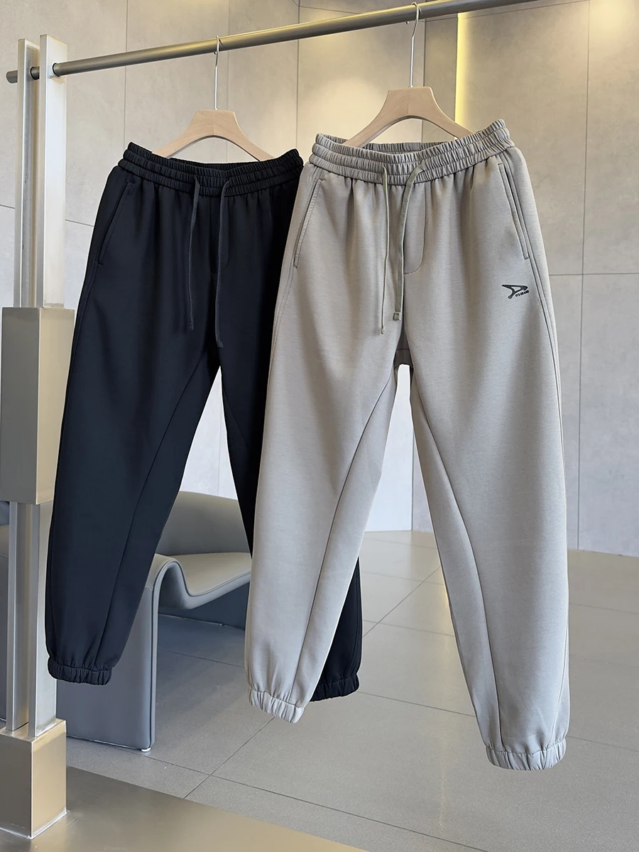 New Silky Q Elastic Fabric Men's Spring Autumn Straight Leggings Casual Sweatpants Loose Waist High Elastici Long Pants