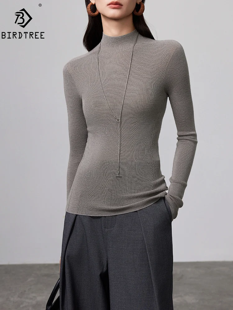 BirdTree, 90% Wool 10% Silk Elegant Knitwear, Women Long Sleeve Mock Neck, Casual Commute Tops, Autumn Winter New Tees T48029QM