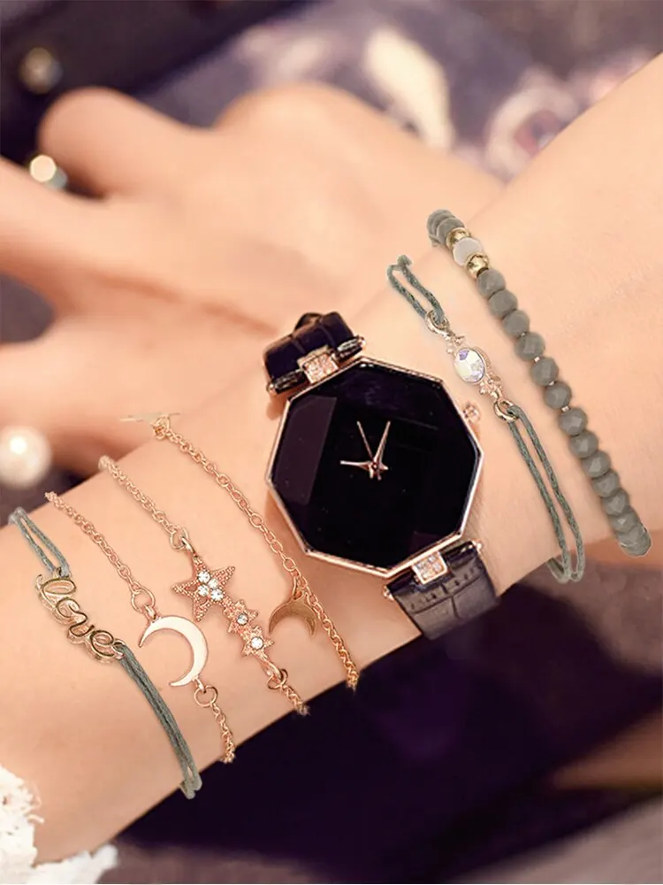 7pcs Fashion Trend Diamond Simple Women's Belt Quartz Watch with Bracelet Combination Set