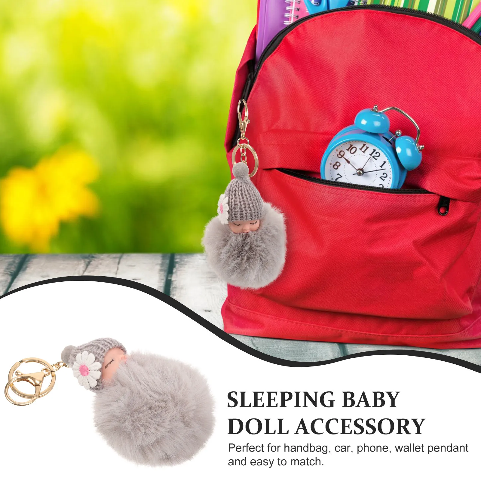 

Sleeping Baby Keychain Pom Pom Ball Pendant Light Grey Perfect for Bag Car Handbag Key Ring Organizer Gift for Women Ladies