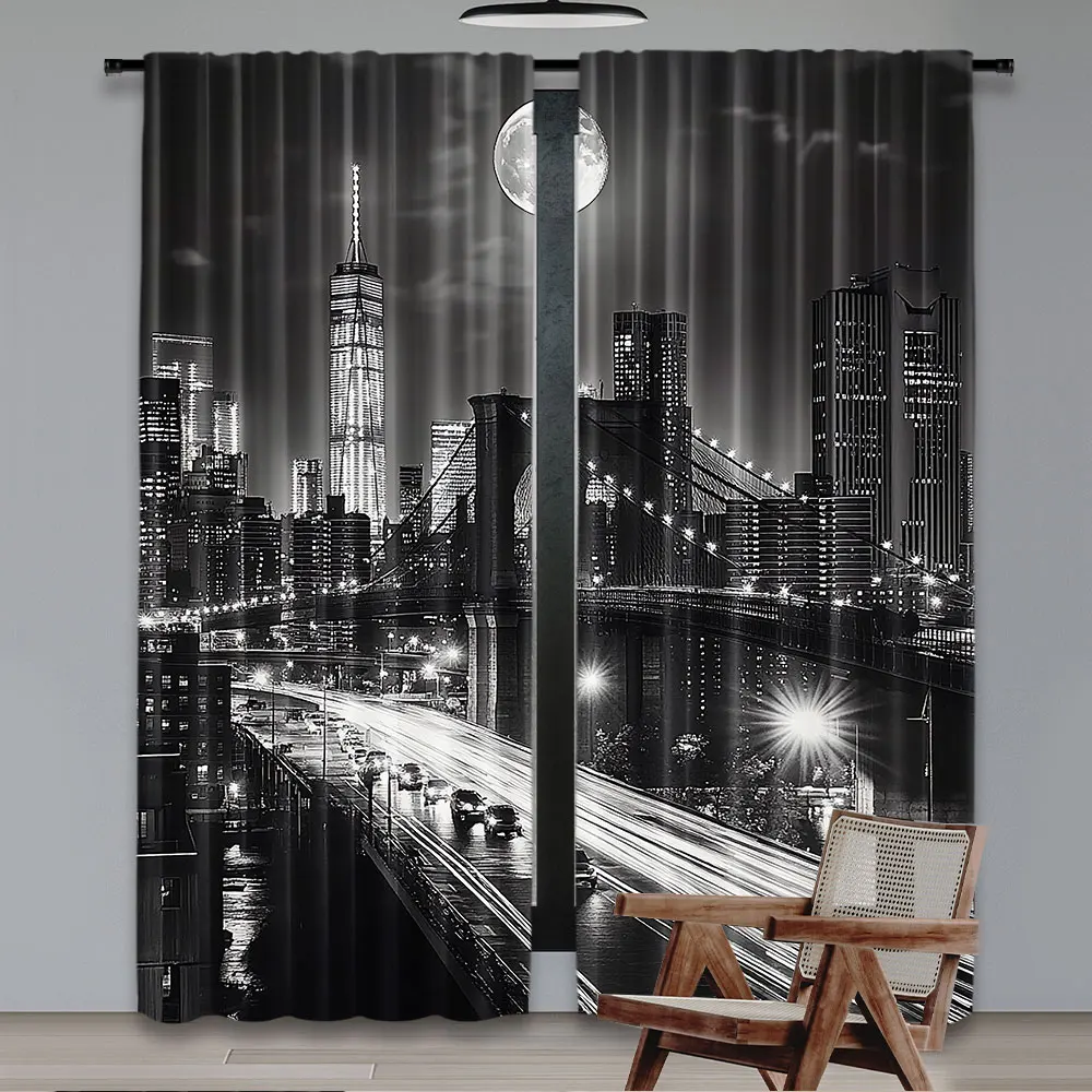 2Pcs Black And White Curtain New York City Night Scene Urban Life Brooklyn Manhattan Suitable For Bedroom Living Room Dining