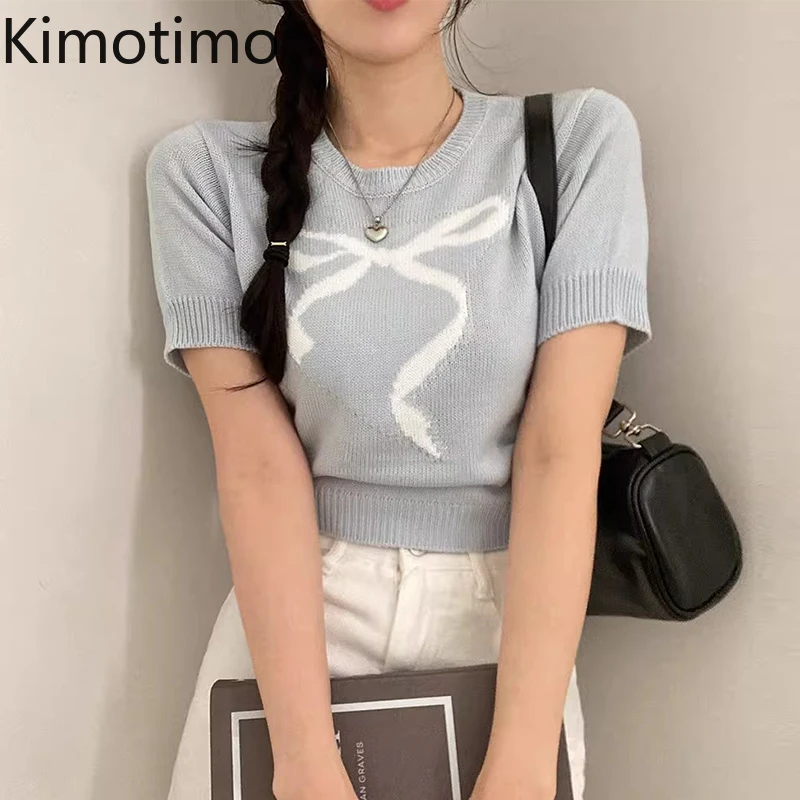 Kimotimo Summer Bow Print Short Sleeve Sweater Women Korean Chic Sweet O Neck Slim Fit Y2k Knit Tops Fashion All Match Pulls