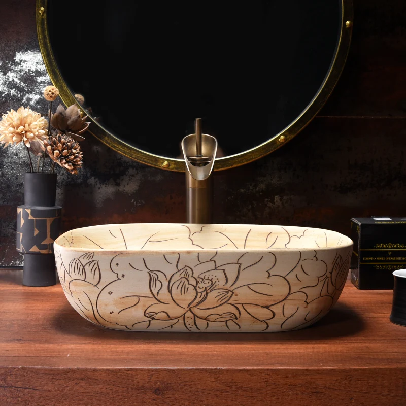 

Ceramic Painting Clear lotus China Painting wash basin Bathroom vessel sinks counter top artistic basin