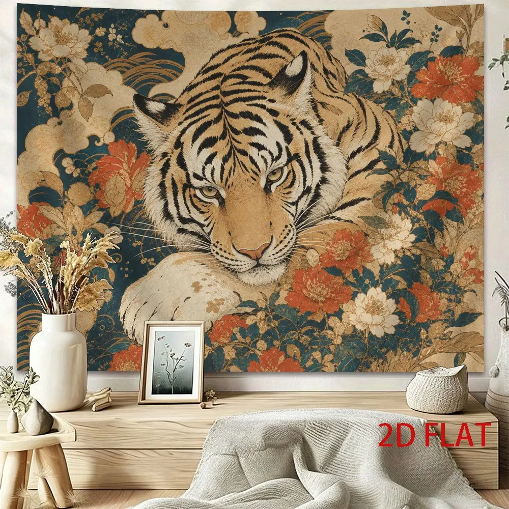 Vintage Japanese Tiger Tapestry Wall Hanging, Retro Ukiyo-e Floral Lying Tiger Art for Bedroom Living Room Home Wall Decor