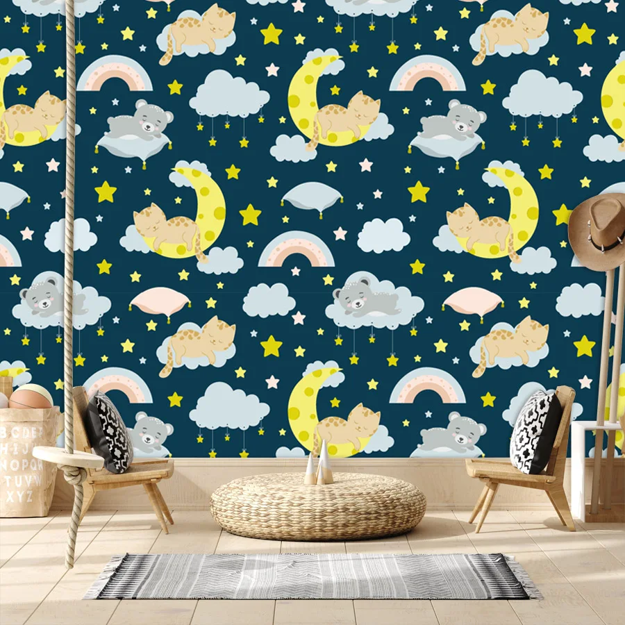 

Self Adhesive Accepted Wallpapers for Living Room Cartoon Animal Cats Lions Clouds Contact Wall Papers Home Decor Bed Murals