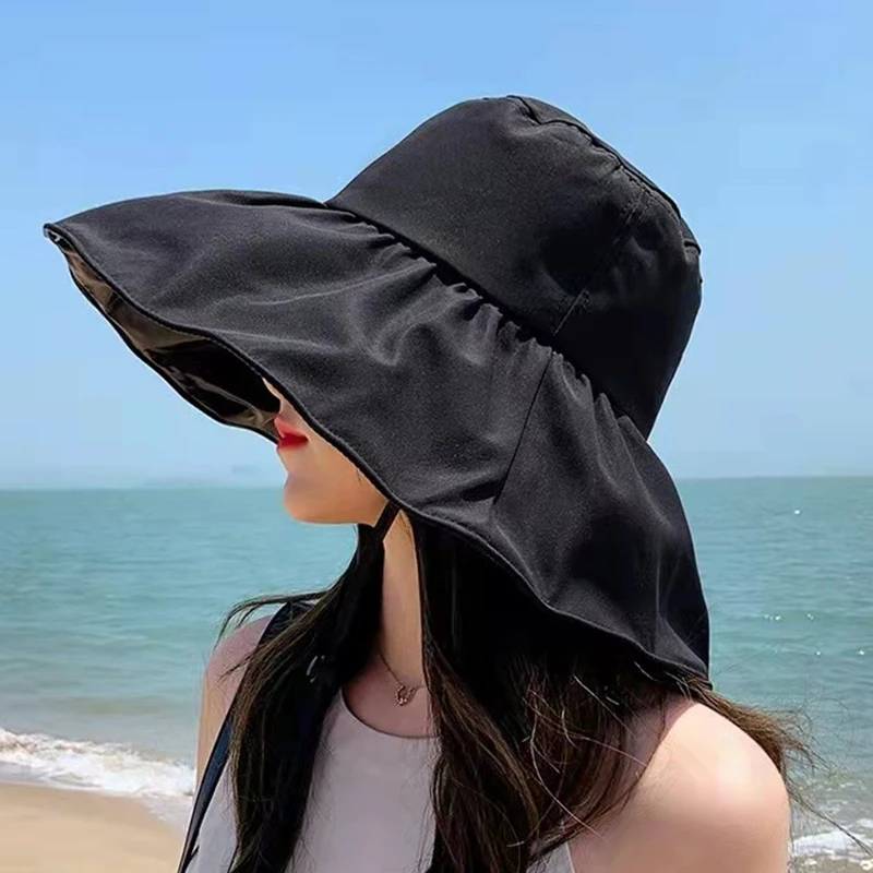 Black Rubber Sunscreen Hat Women\'s Summer Foldable Large Brim Sunshade Fisherman\'s Hat UV Protection Sun Hat