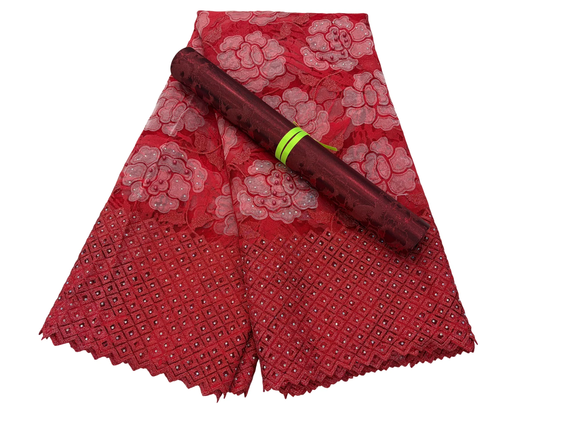 Red African Manual Spot Drilling And Cutting Hole Lace Fabric Color Tulle Materials 5Yards Match Hayes Sego Gele Headtie 2 Pcs