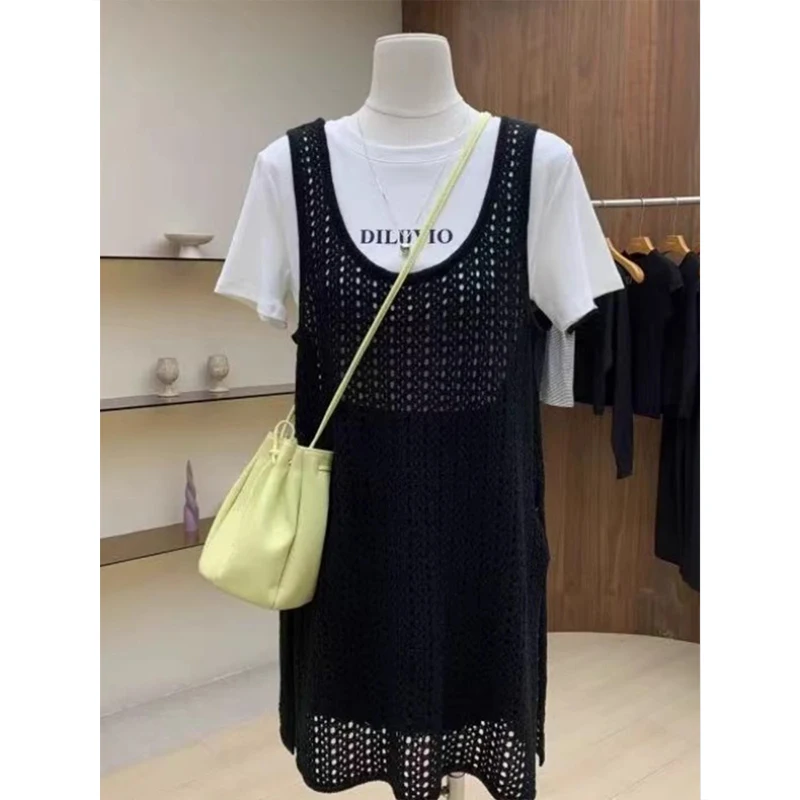 High-End Women's Knitted Vest Dress South Oil Mid-Length Open-Fronted Layering Cover-Up Fashionable Versatile Ladies' Top