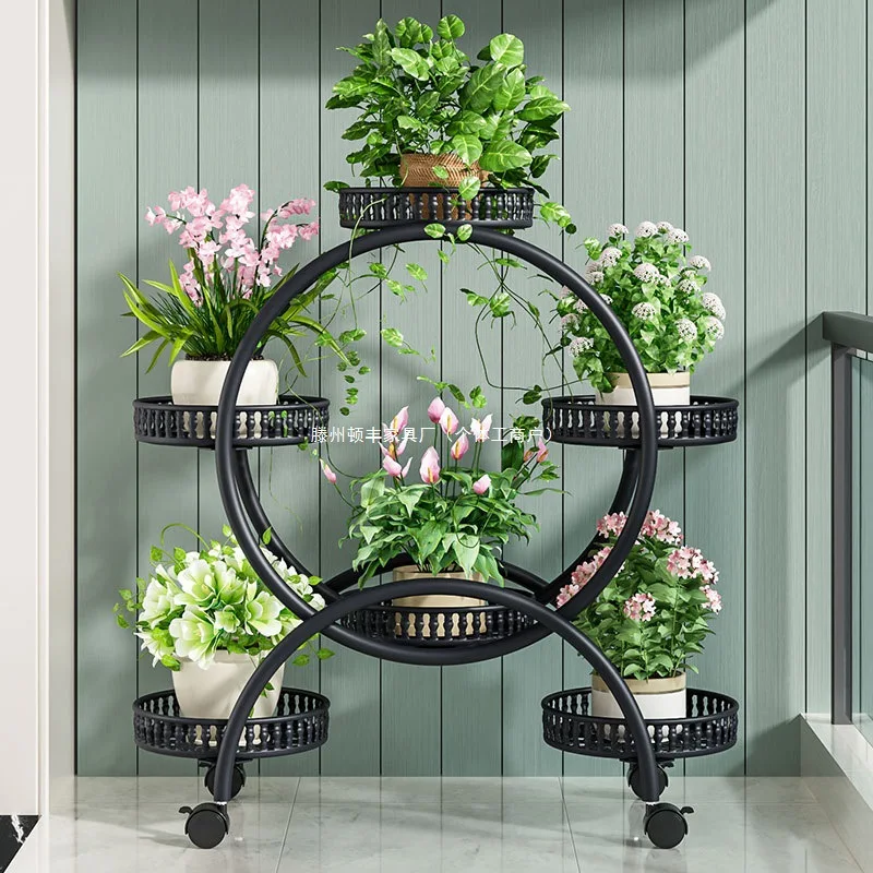 

Flower rack, living room, floor standing indoor balcony, multi-layer circular wheeled movable iron display