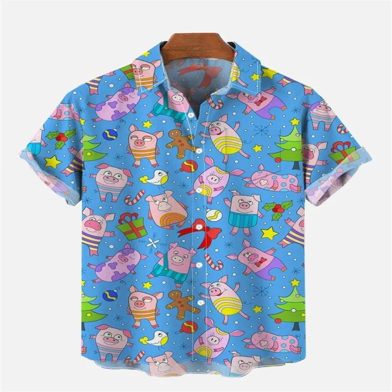 Cartoon Color Piggy Grass Printed Chest Bag Short Sleeve Shirt Blue Flying Pig Cloud Cartoon Hawaii Printed Chest Bag Shirt