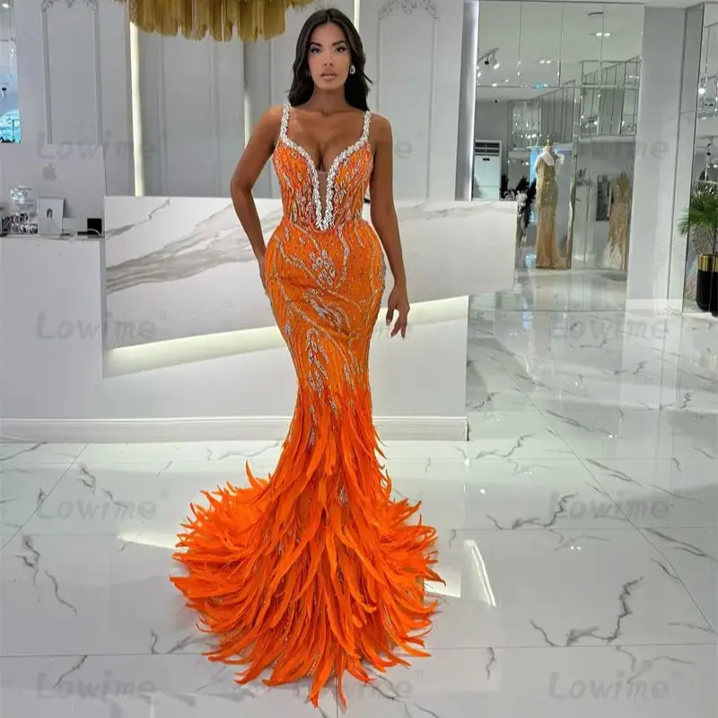 

Orange Evening Dresses Customized Long Feathers Mermaid Prom Gown Crystals Formal Outfit For Women Wedding Party Dresses Robes