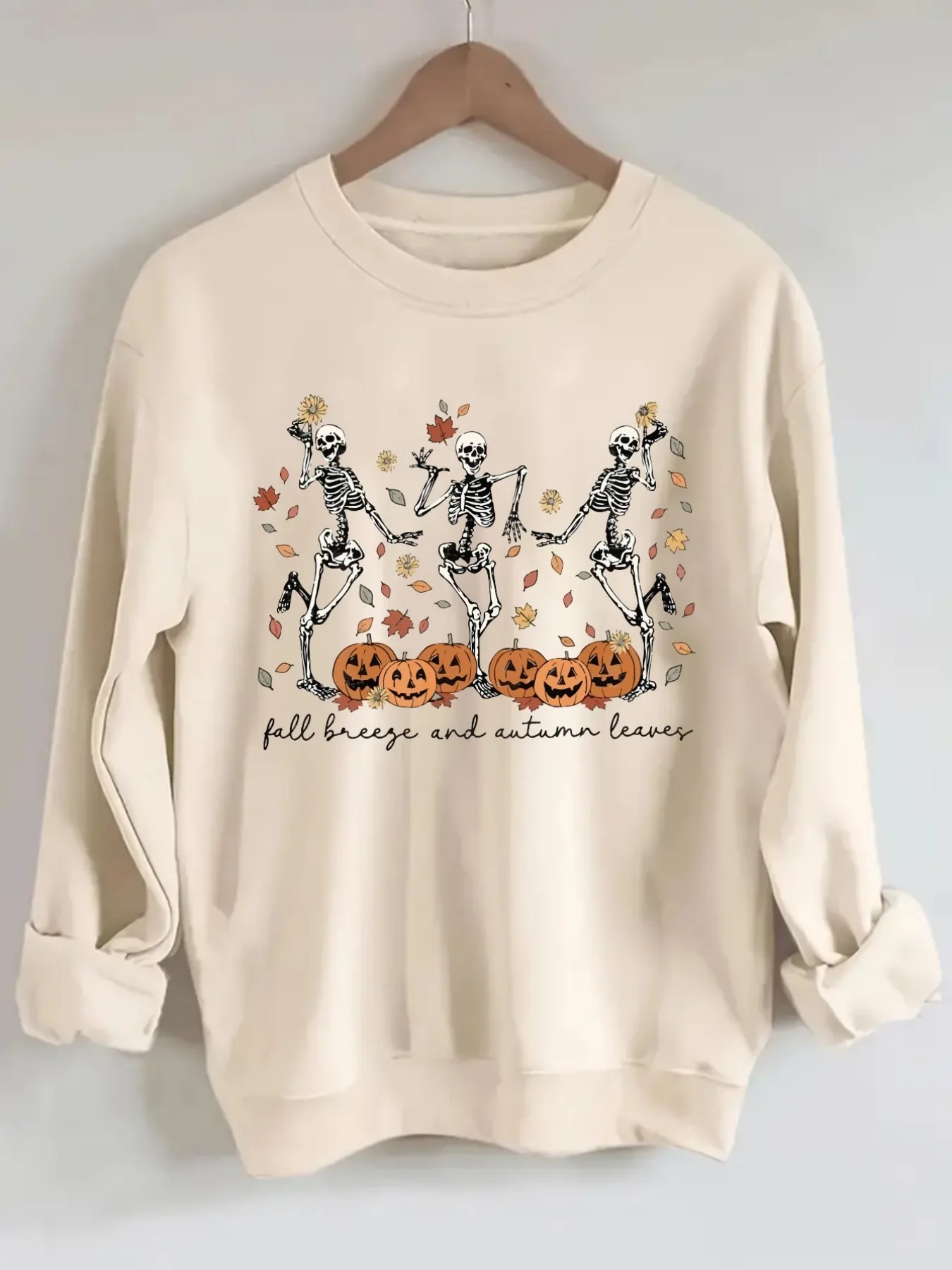Women's Crew Neck Pullover Sweatshirt Skeletons Pumpkins Leaves Design, Soft Casual Long Sleeve, Daily Casual Top Outfit, Winter Women's Clothing, Halloween Costume Outfit