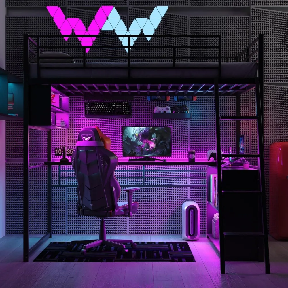 Full Metal Loft Bed with Desk and LED Lights, Full Size Loft Bed with L Shaped Desk & Storage Shelves for Teens Adults Black