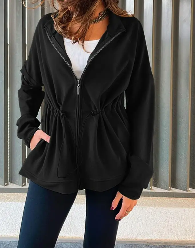 Women's Jacket 2025 Spring Autumn New Solid Color Long Sleeve Waist Drawstring Hooded Coat Casual Loose Fit Cardigan Jacket