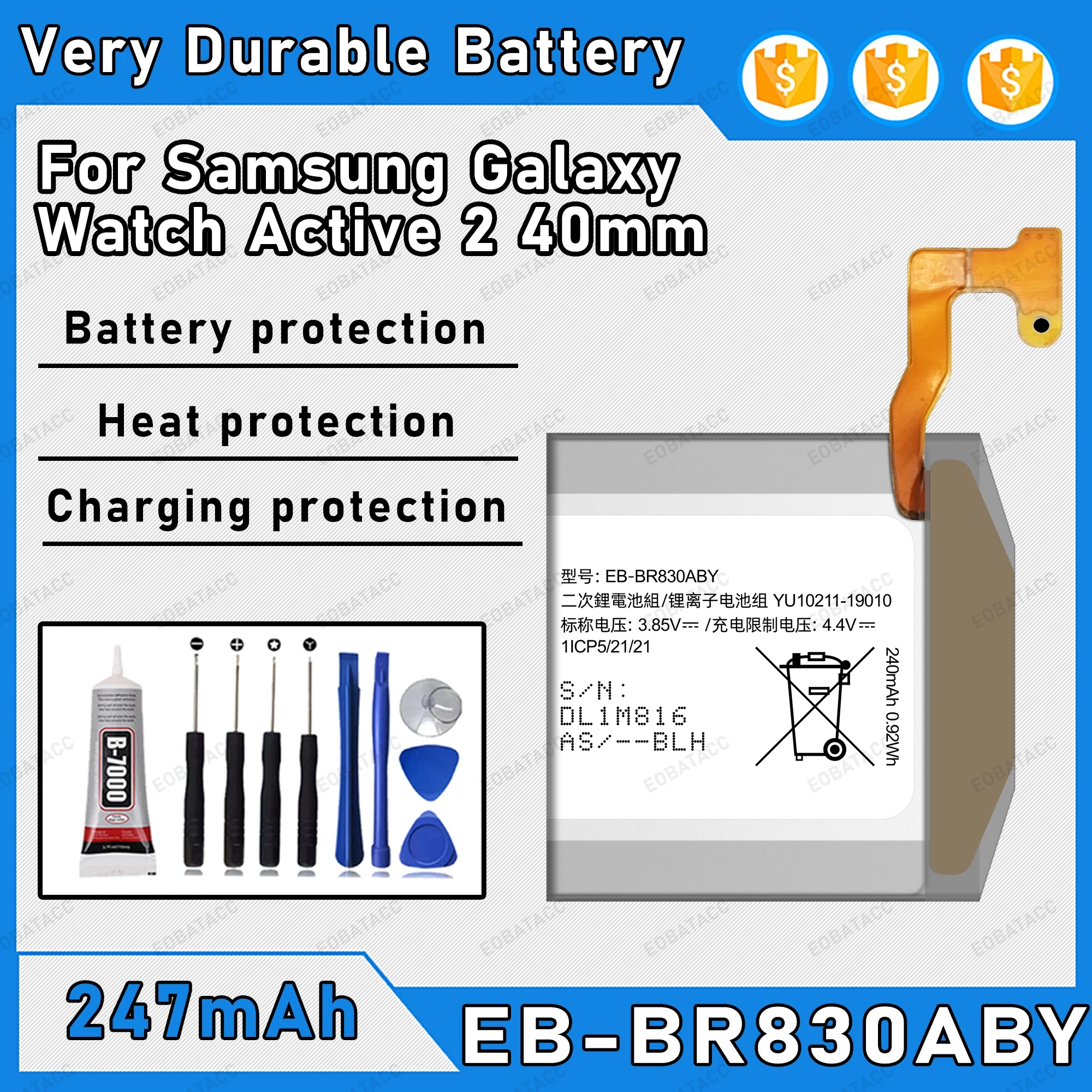 100% New EB-BR830ABY Watch Battery For Samsung Watch Active 2 40mm Replacement Bateria+Free Tools